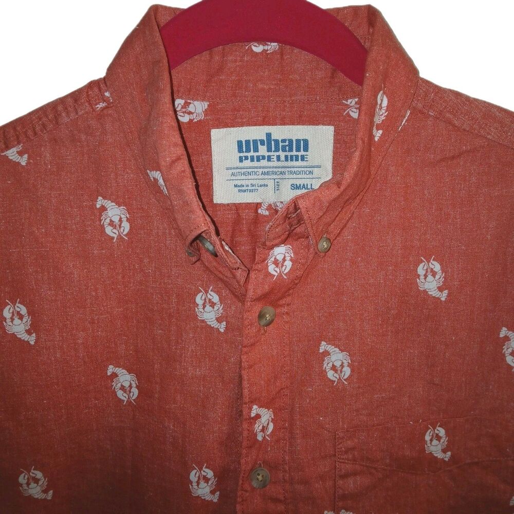 URBAN PIPELINE Mens S Lobster Graphic Button 100% Cotton Shirt Heathered Red - Picture 3 of 7